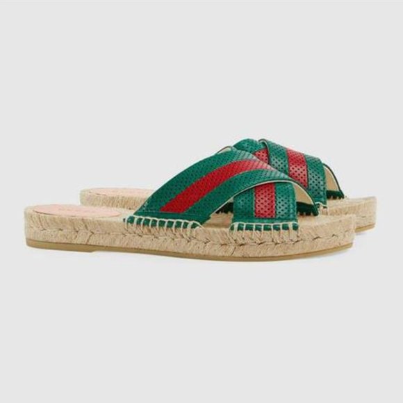 GUCCI Calfskin Perforated Web Espadrille Sandals Red Green New in Box w shoe bag - Picture 3 of 5